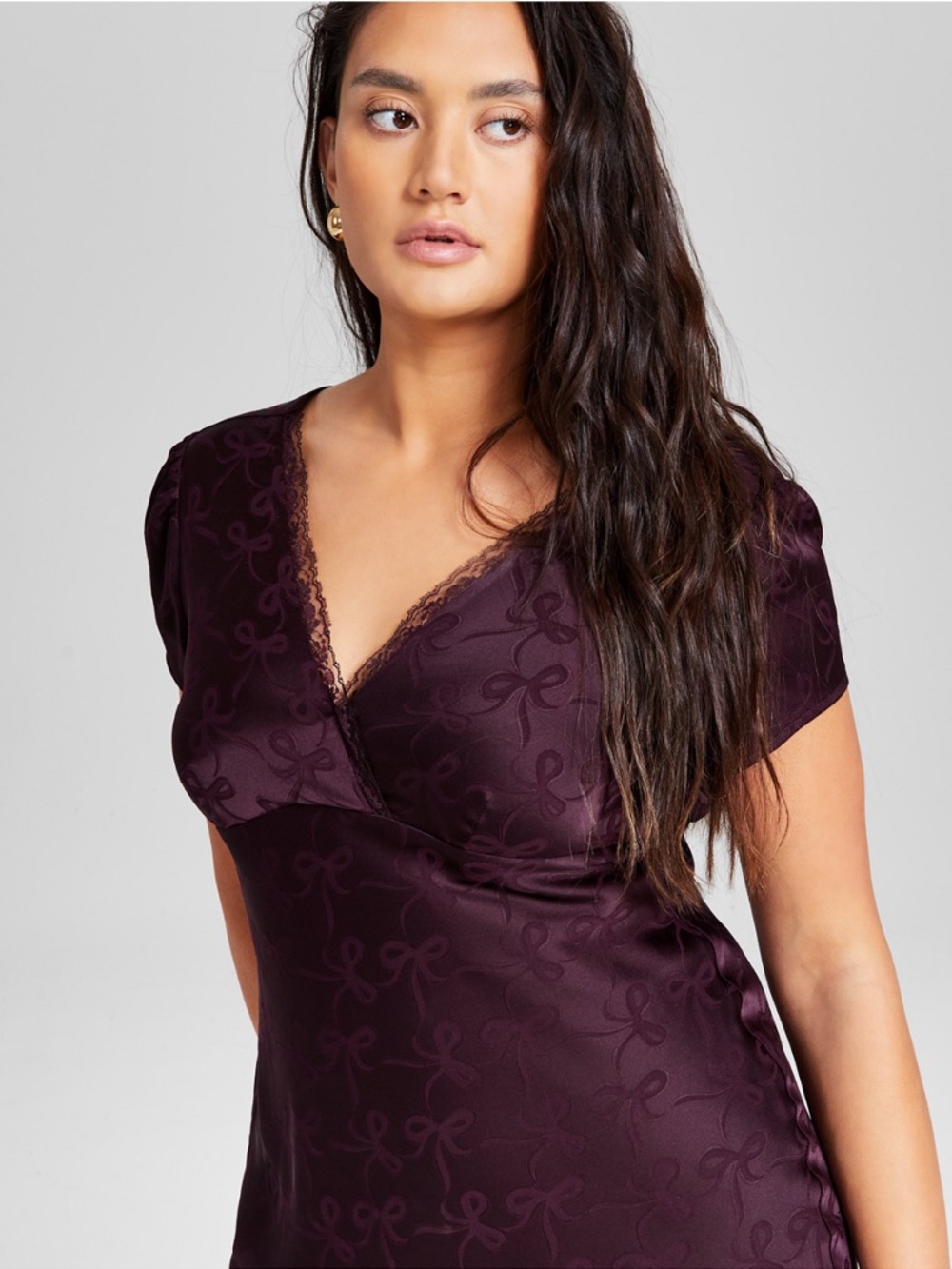 Satin Bow Print Short-Sleeve V-Neck Midi Dress, Created for Macy's Deep Plum